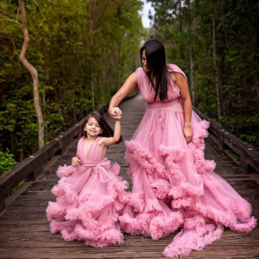 Puffy Pink Mother And Daughter Matching Dresses For Family Look V Neck Ruffles Layered Photo Shoot Mom And Me Evening Outfits Peaceful Pleasures Health and Wellness