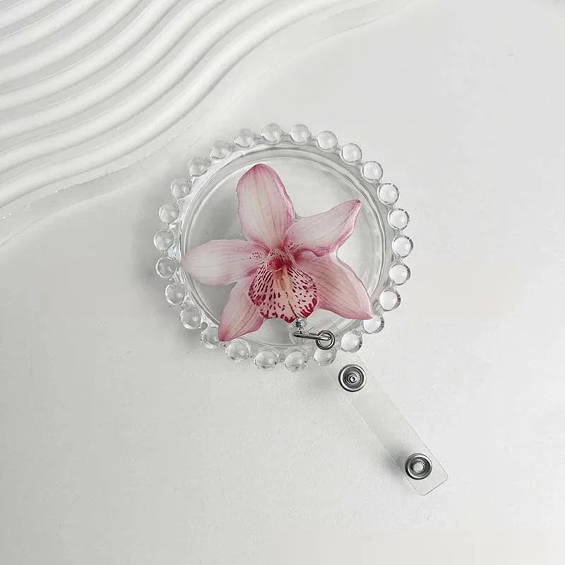 Flower Acrylic Bag Charm | Alligator Clip Retractable ID Holder