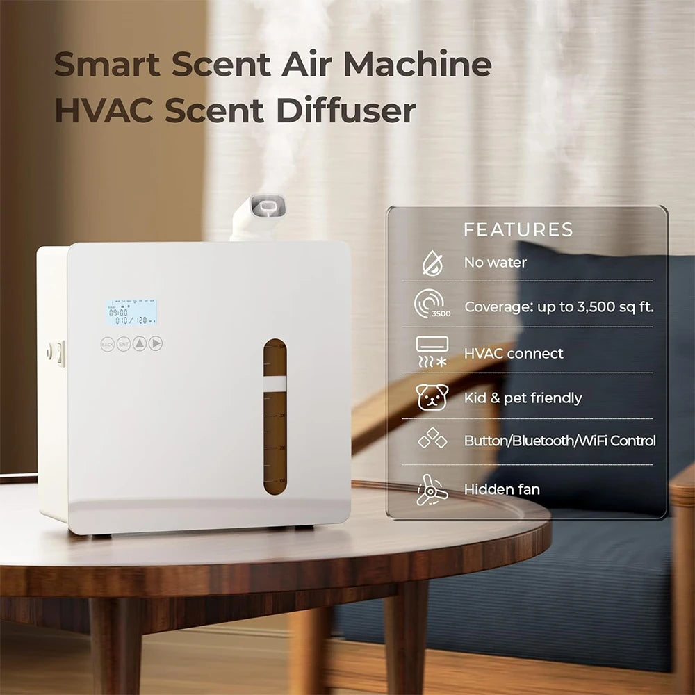 Smart Scent Air Machine HVAC Scent Diffuser on a table with features listed.