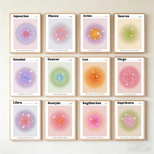 12 Zodiac Constellation Canvas Wall Art | Aura Gradient Poster Canvas Wall Art Peaceful Pleasures Health and Wellness