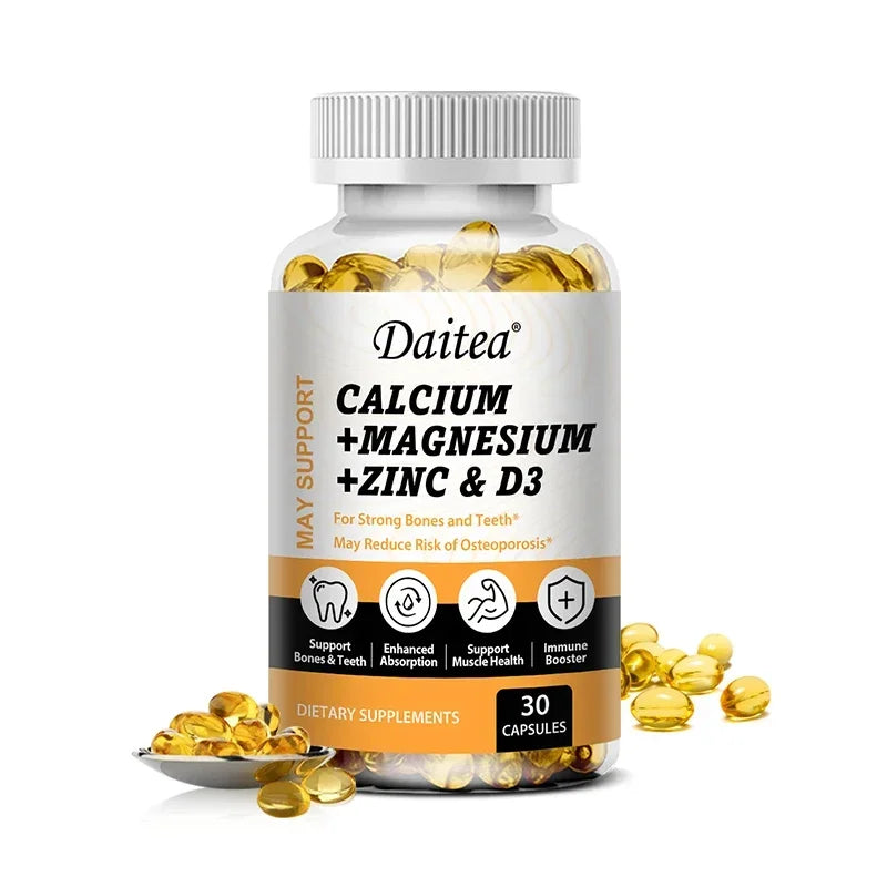 Daitea Calcium Magnesium Zinc Capsules Vitamin D3 helps support bones, teeth, heart, and enhance immune system function. Peaceful Pleasures Health and Wellness 30 count-1bottle