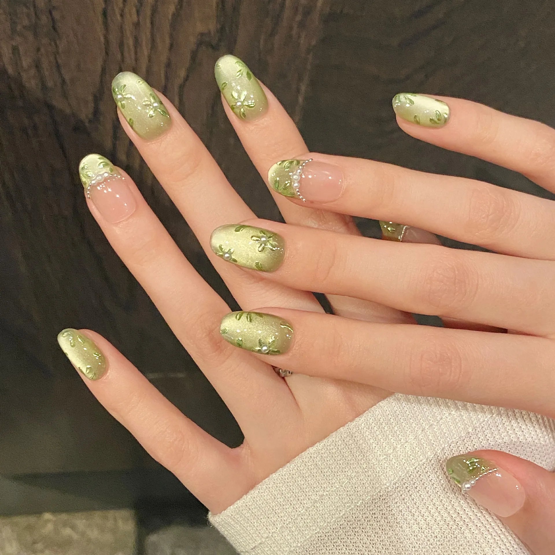 10pcs Handmade Press on Nails Green Flower Print Short Oval Head Fake Nails Wearable Glitter Green Cat Eye False Nail Tips Peaceful Pleasures Health and Wellness