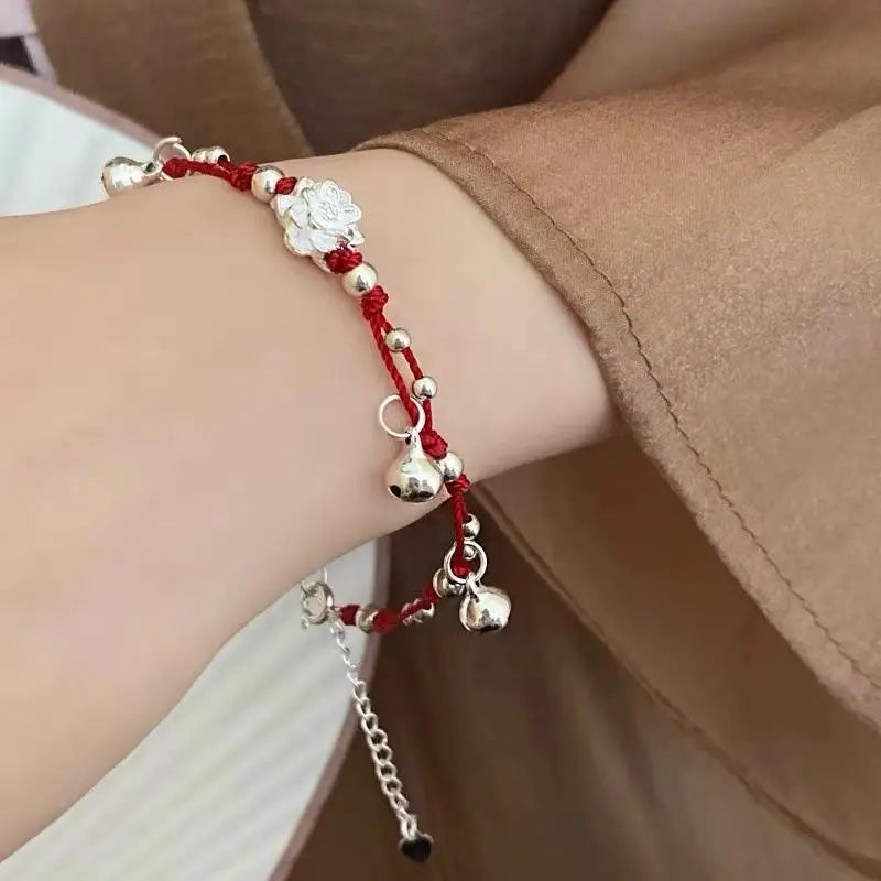 Chinese Red Rope Woven Bracelet | Bell Flower Charm Bangle