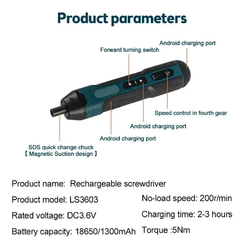 Mini Cordless Electric Screwdriver 1300mAh Rechargeable,Adjustable Torque Power Drill Multi-function Home DIY Repair Tool Peaceful Pleasures Health and Wellness