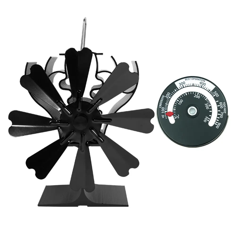 NEW 8-Blade Heat Powered Stove Fan for Wood Log Burner Fireplace Quiet Environmental Fan Heater Tool Efficient Heat Distribution Peaceful Pleasures Health and Wellness With Thermometer A