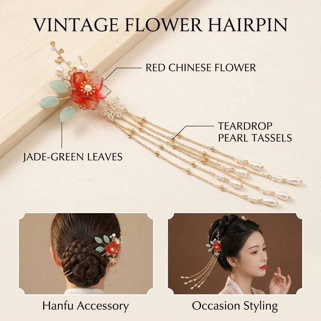 Crystal Hairpin for Hanfu Accessories Glass Beaded Tassel Headwear with Alloy Base Peaceful Pleasures Health and Wellness