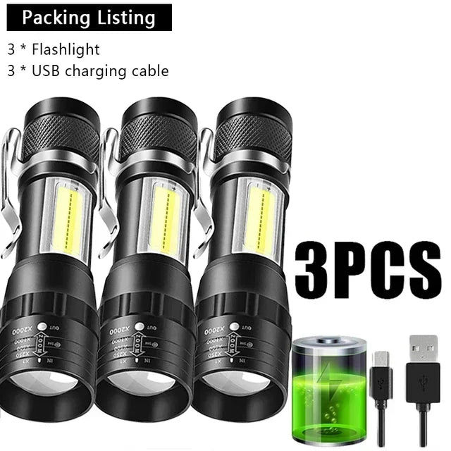 USB Rechargeable Mini Flashlight | COB+XPE Zoomable 3-Mode Torch