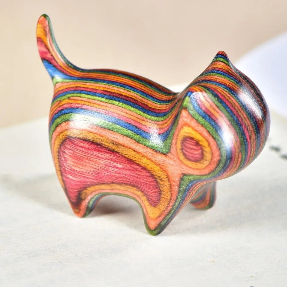 Handmade Wooden Cat Figurine with Bell | Natural Wood Decor