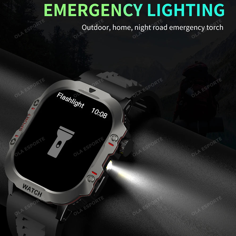 Rugged Military Smart Watch Flashlight Sport Watch for Men Women Inifnite Screen Heart Rate Monitor Multiple Sport Outdoor Watch Peaceful Pleasures Health and Wellness