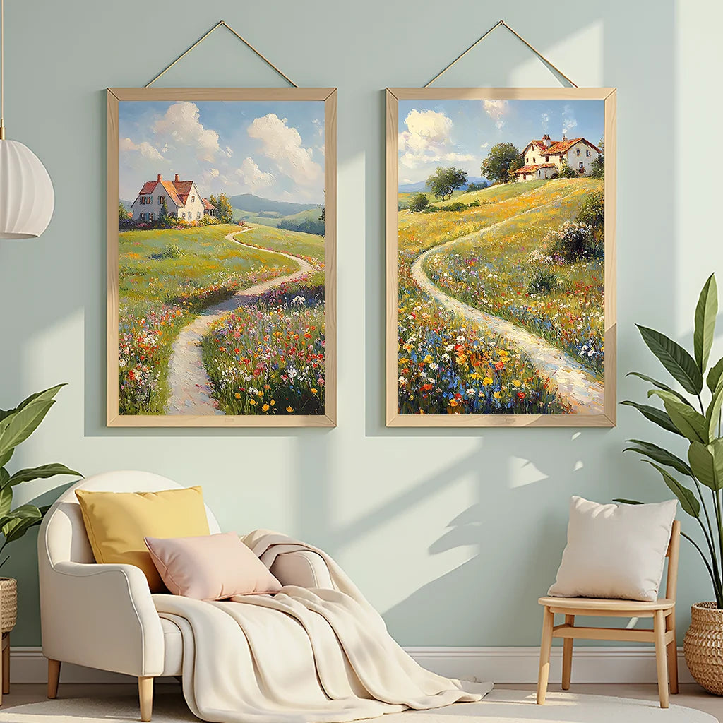 Landscape Wall Art, Nordic Plant Canvas Painting, Wildflower Botanical Meadow Poster Print for Bedroom Living Room Wall Decor Peaceful Pleasures Health and Wellness