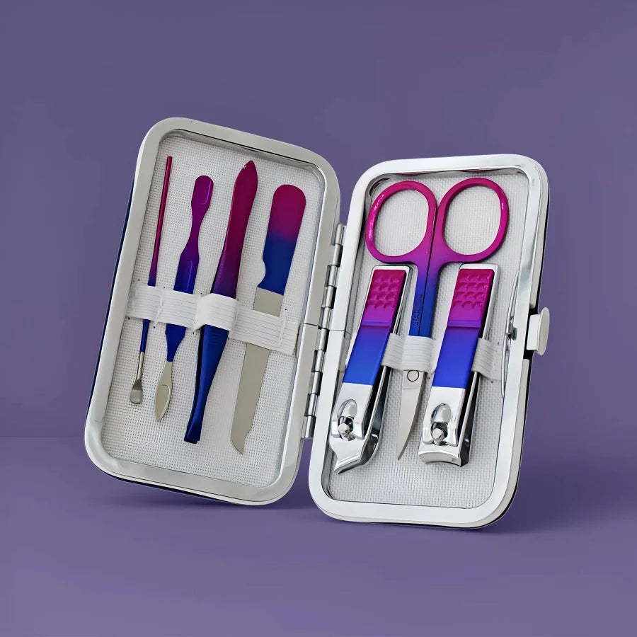 Colorful Stainless Steel Manicure Set 7 In 1 Nail Clipper Pedicure Kit Cuticle Pusher Remover Toenail Fingernail Scissors Groom Peaceful Pleasures Health and Wellness