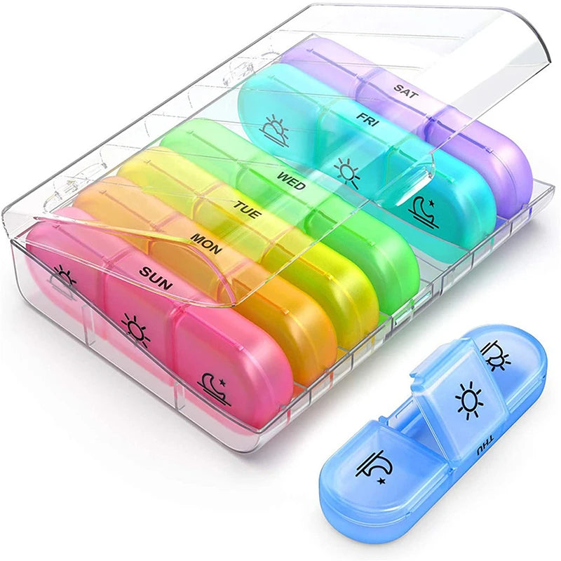 Pill Box Case 7 Day Weekly Medicine Storage Box Double Row 14grid Tablte Dispenser Organizer Open Lid First-Aid Kit Container Peaceful Pleasures Health and Wellness Type 5