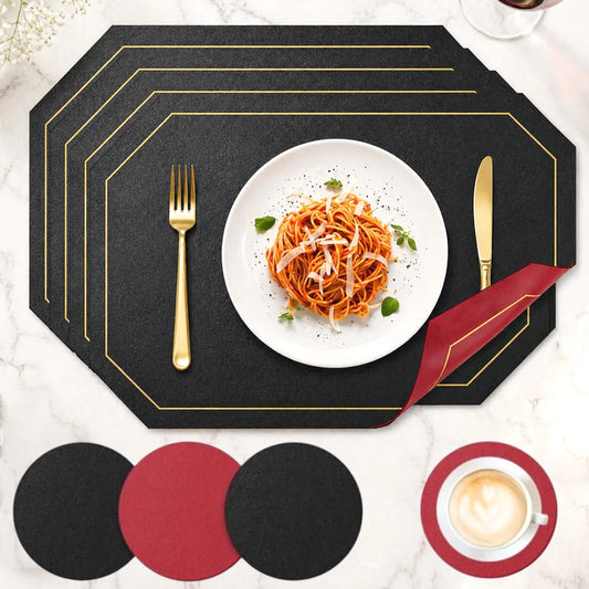 Placemats and Coaster Set 4/8 Pcs , Dual Sided Two-Color Place Mats 30x43cm/11.81x16.93inch Leather Heat Resistant Non-Slip Peaceful Pleasures Health and Wellness