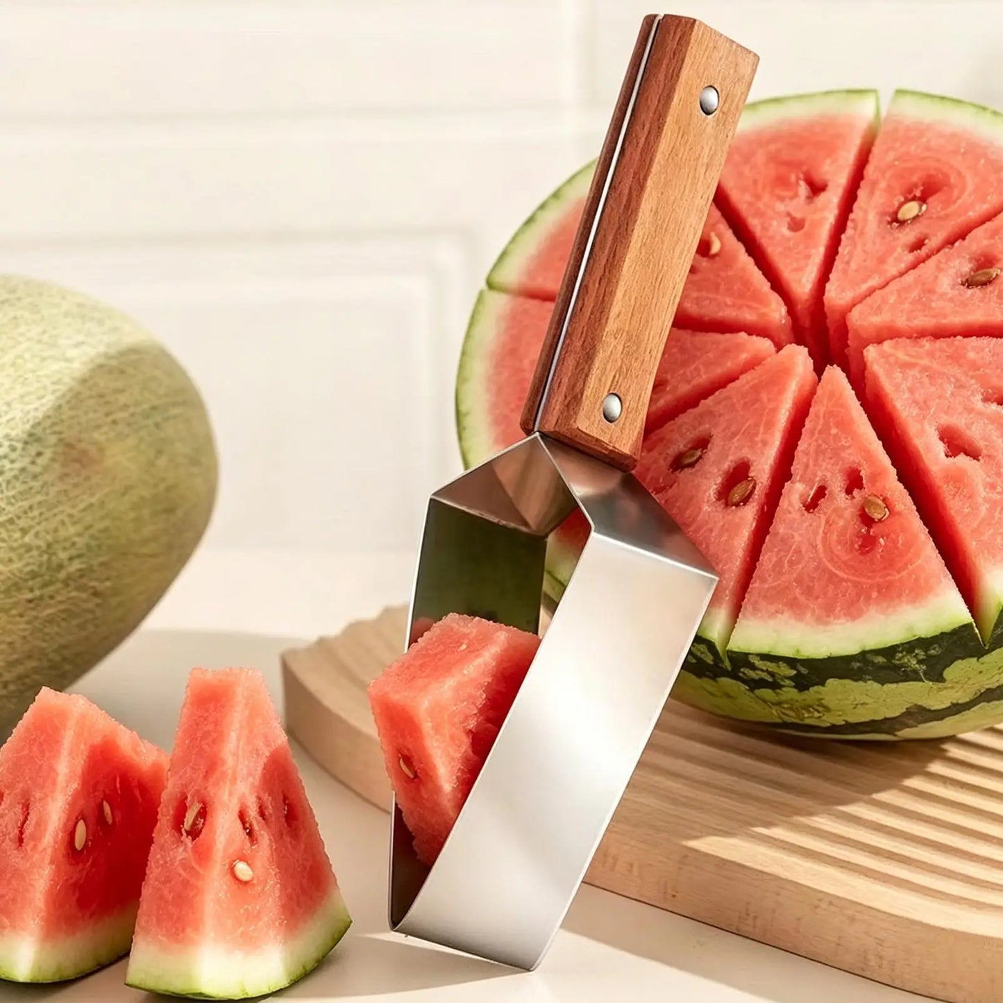 Triangle Watermelon Slicer – Stainless Steel & Wooden Handle
