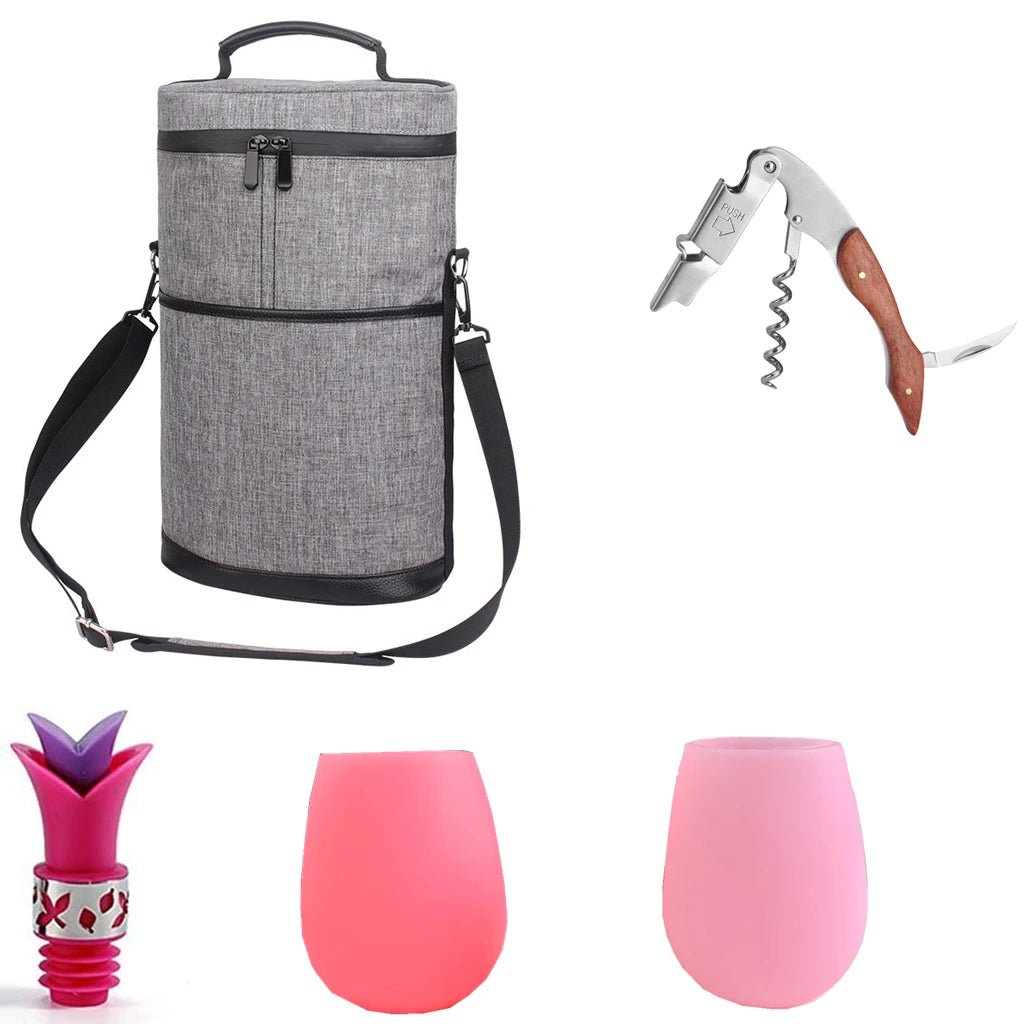 Soft Cooler Wine Bottle Insulated Bag for Wine Thermal 2 Drink Bottle 750ml Beer Outdoor Bag for Travel Carrier Tote Wine Glass Peaceful Pleasures Health and Wellness Grey Wine Set