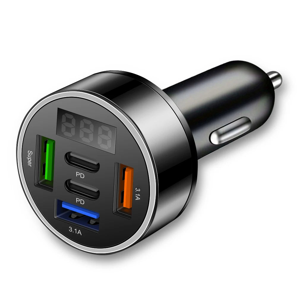 5-in-1 Car Charger 100W PD QC 3.0 Fast Charge USB-C 5-Port