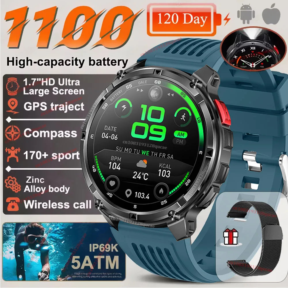 2026 New Military 1100mAh Big Battery Outdoor Smart Watch Men GPS Path Compass 10ATM Waterproof Calls AMOLED HD Sport Smartwatch Peaceful Pleasures Health and Wellness Blue Bk-Milan 1100 Mah