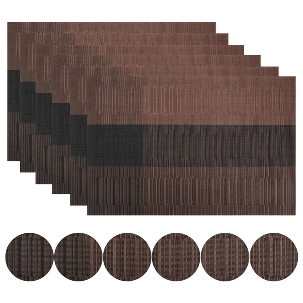 Set of 6 Placemats With Coasters Black Table Mats Crossweave Woven Vinyl Non-Slip Washable for Table Dining Kitchen Restaurant Peaceful Pleasures Health and Wellness Coffee 30x45cm