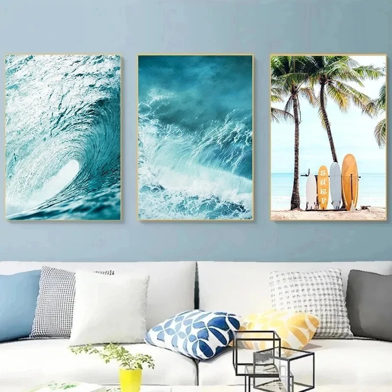 Summer Sunshine Beach Surf Palm Trees Sea View Poster Canvas Paintings Wall Art Pictures Home Decor Peaceful Pleasures Health and Wellness