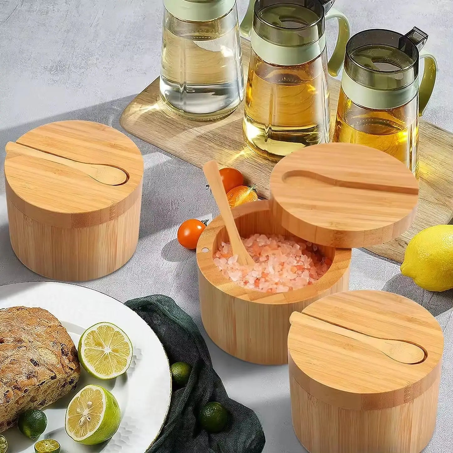 Bamboo Seasoning Jar with Magnetic Lid & Spoon – Salt, Pepper & Condiment Storage Pot