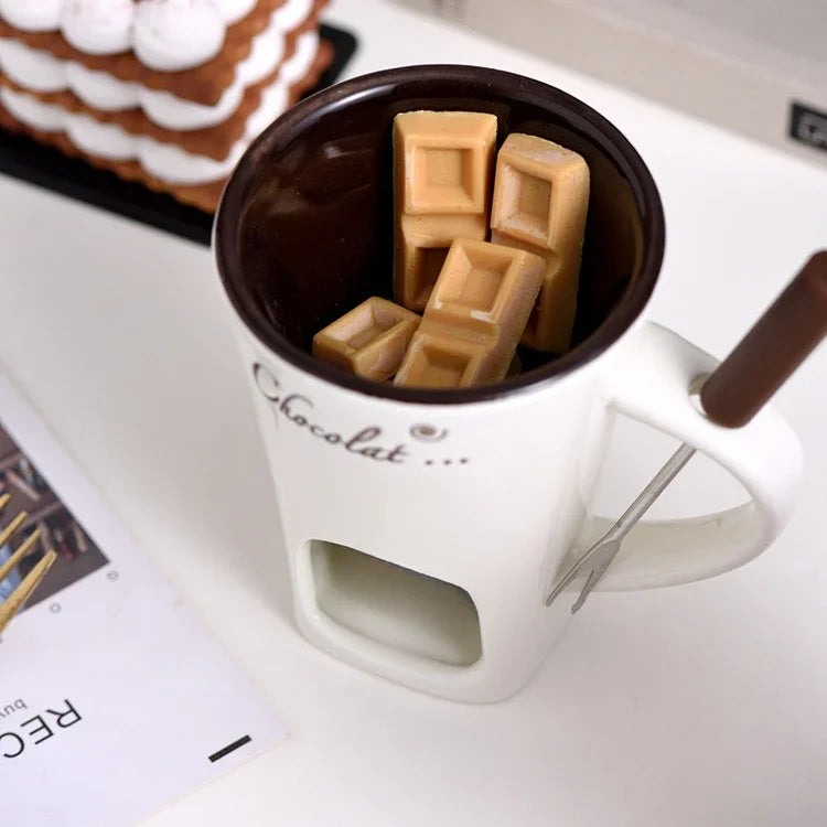Personal Mini Ceramic Fondue Pot Mug Set – Chocolate & Cheese