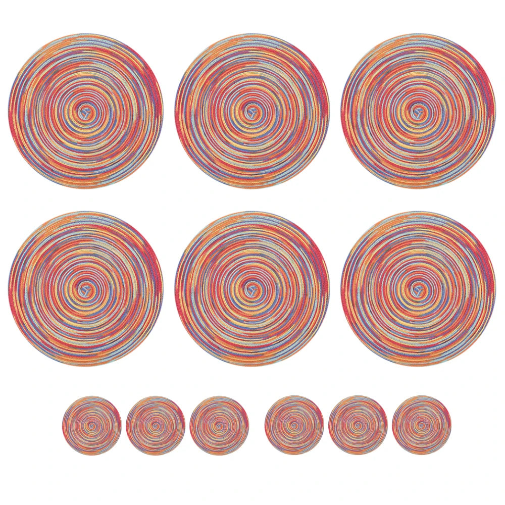 Set of 6 Round Braided Table Mat Washable Placemats Non Slip Heat Resistant for Kitchen Dining Tables Pad With 6Pc Cup Coasters Peaceful Pleasures Health and Wellness Cotton 33.5cm Red 6 Mats 6 Coaster
