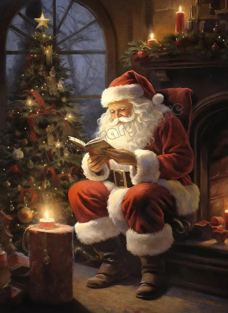 Vintage Santa Claus Portrait in Mistletoe Reading Letters Toy Cookie Poster Canvas Painting Wall Pictures Christmas Home Decor Peaceful Pleasures Health and Wellness ZLH5420 20x30cm No Frame