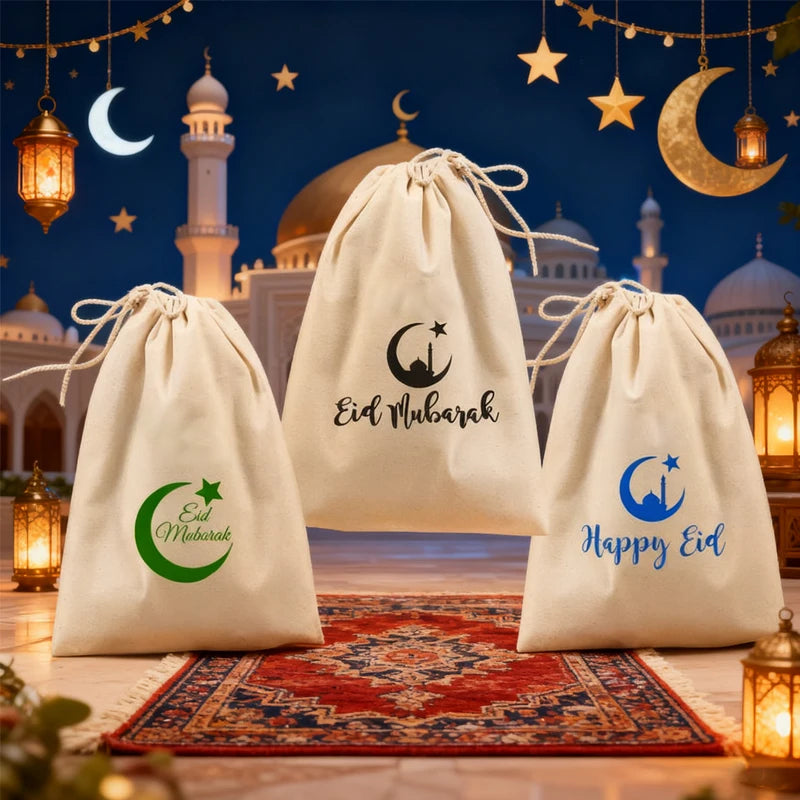 3-Pack Eid Mubarak Drawstring Favor Bags | Ramadan Party Gifts Holiday Favor Bags Peaceful Pleasures Health and Wellness