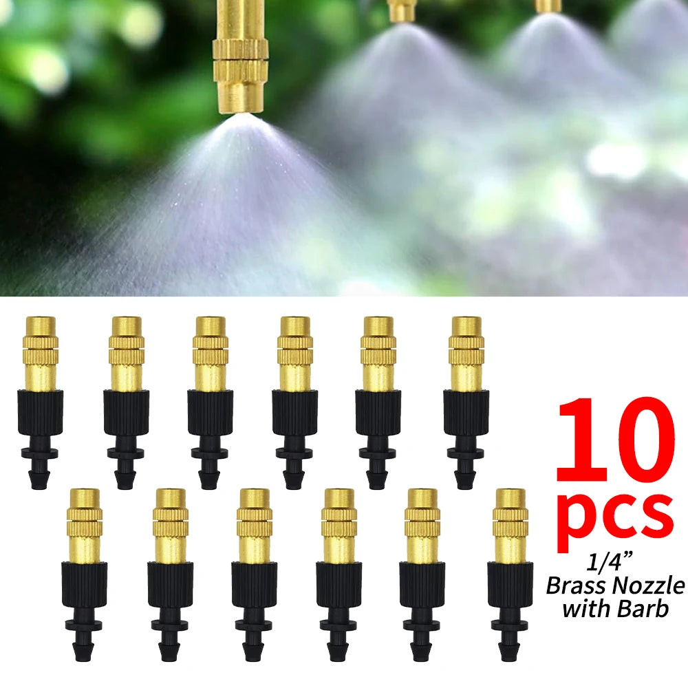 5M-30M Garden Brass Misting Cooling System Irrigation Watering 1/4'' Atomizer Nozzles 4/7mm Hose for Outdoor Greenhouse Pot Peaceful Pleasures Health and Wellness C-10PCS