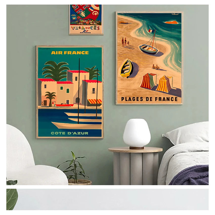 France & Japan Vintage Travel Canvas Poster | Unframed Wall Art