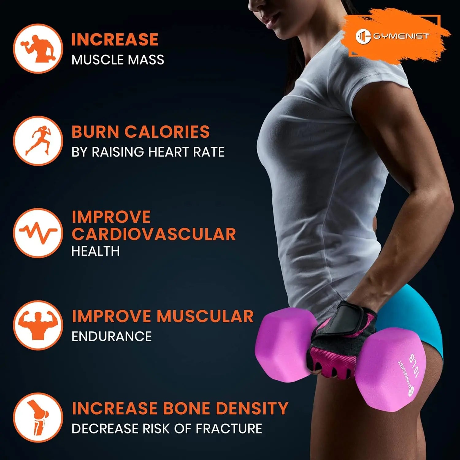 Woman exercising with dumbbells, promoting health benefits on a dark background