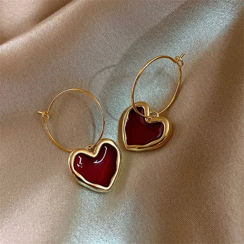 Wine Red Heart-shaped Earrings Women Simple Temperament Versatile