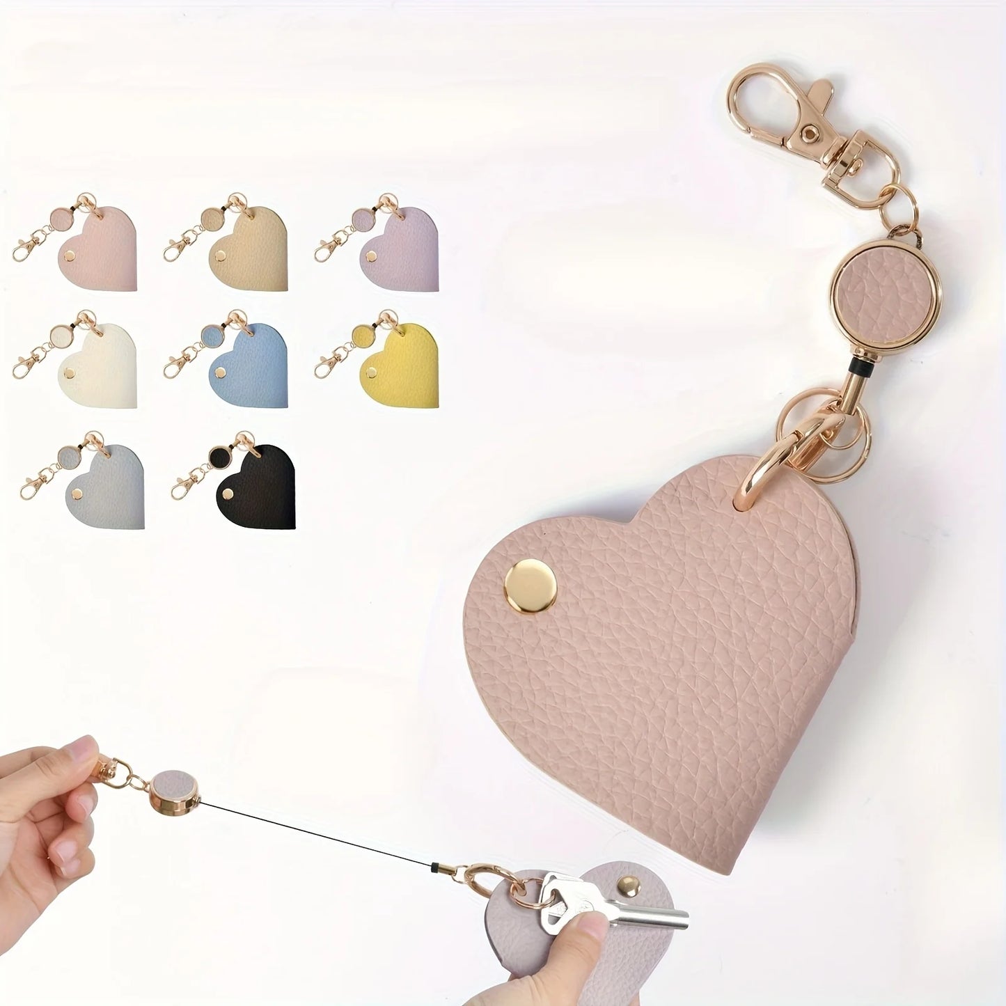 Heart-Shaped Leather Key Bag | Retractable Pull Tab Organizer