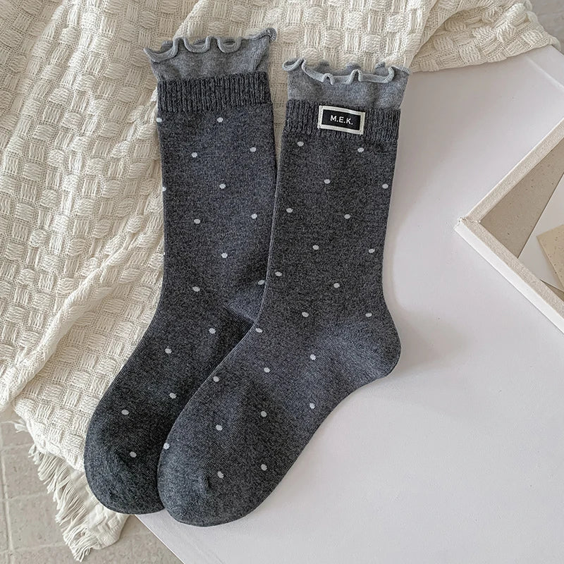 Socks For Women New Dots Cute Frilly Casual Fashion Long Socks Breathable Preppy Style Ladies Novelties Socks Cotton Soft Comfy Peaceful Pleasures Health and Wellness Dark Gray One Size