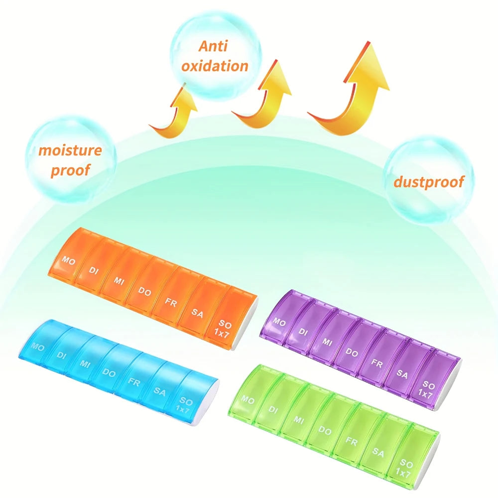 7Day Pill Organizers with Labeled Compartments Monday to Sunday Color-Coded for Travel And Daily Use Featuring a Vibrant Familie Peaceful Pleasures Health and Wellness