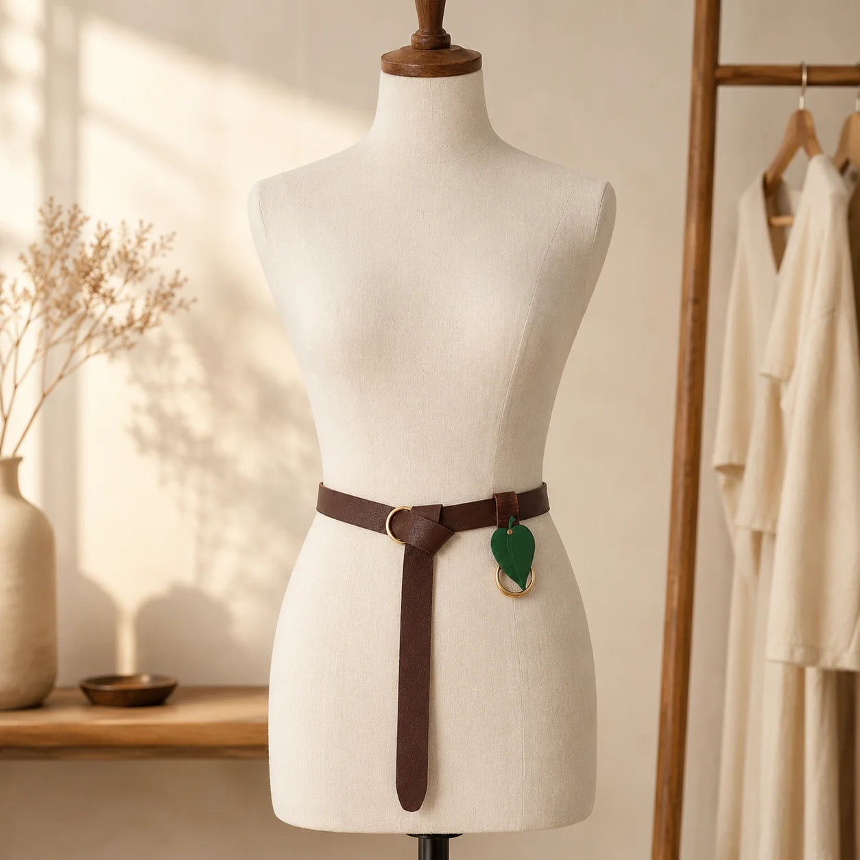 Boho Leaf Pendant Waist Belt Brown Leather Look Ring Dresses