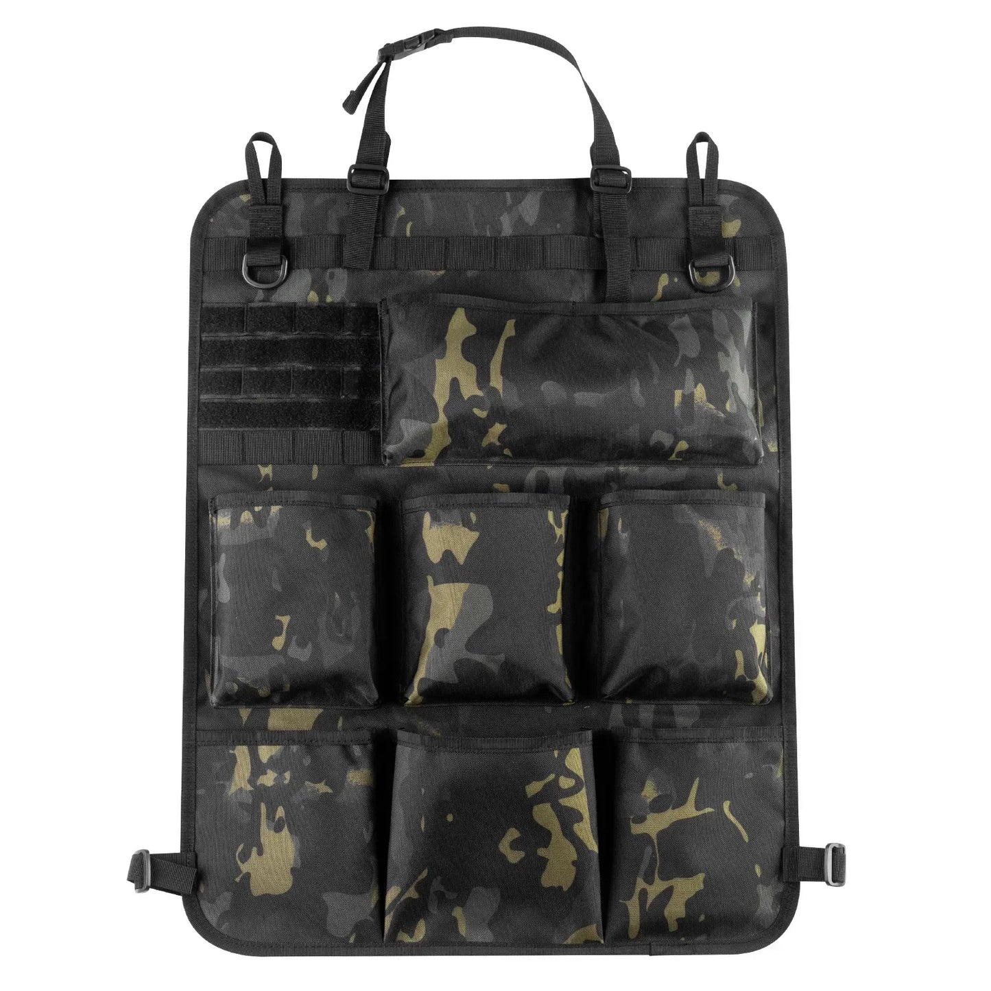 Car Seat Back Organizer Tactical Camo Multi Pocket Storage Bag Waterproof Durable Hanging for Road Trip Travel SUV Truck Family Peaceful Pleasures Health and Wellness Camouflage black