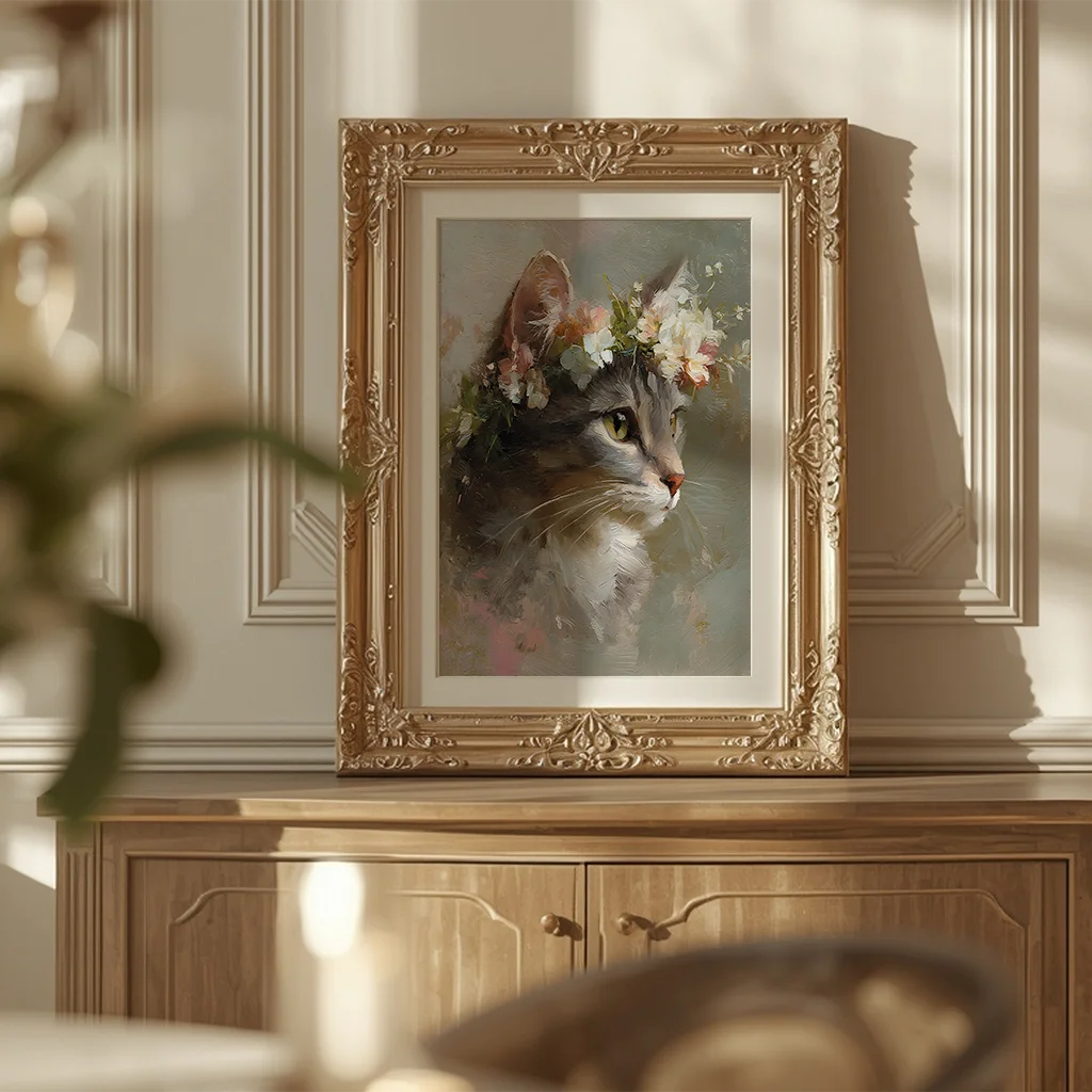 Vintage Animal Wall Art, Plant Floral Cat Canvas Painting, Botanical Poster Print for Bedroom Living Room Wall Decor Peaceful Pleasures Health and Wellness