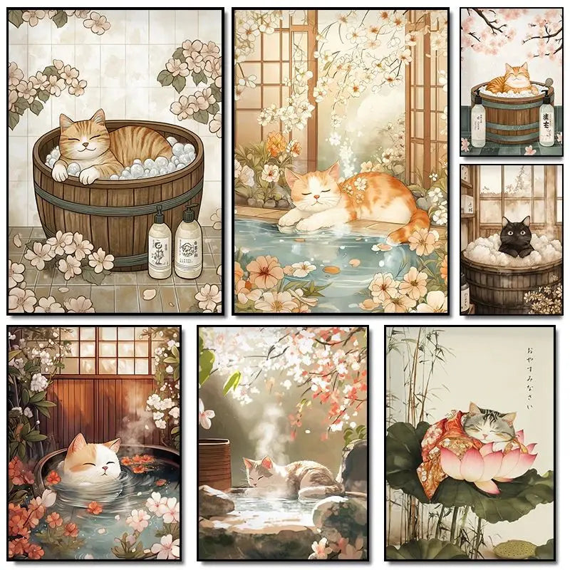 Japanese Cherry Blossom Cat Hot Spring Canvas Wall Art Print Canvas Wall Art Print Peaceful Pleasures Health and Wellness