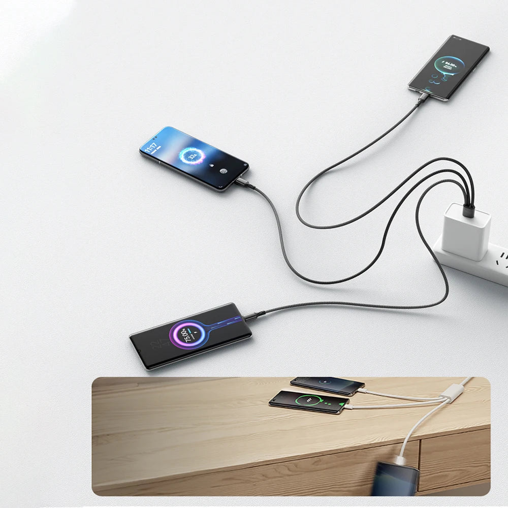 100W 3-in-1 USB to Triple USB-C Cable 6A Fast Charge