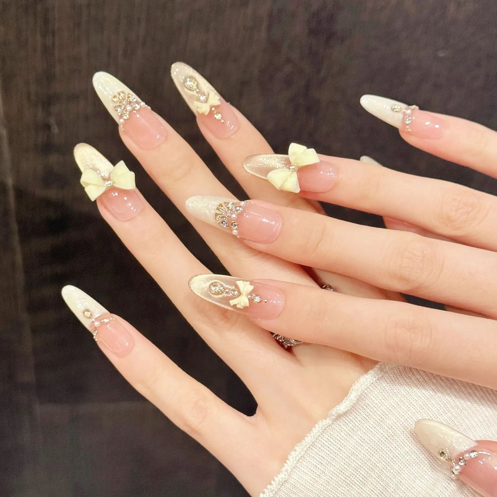 10pcs Handmade Cat's Eye Nail Art Press on Nails 3D Bow Light Luxury False Nails Wearable Pink Gentle French Fake Nails Decor Peaceful Pleasures Health and Wellness