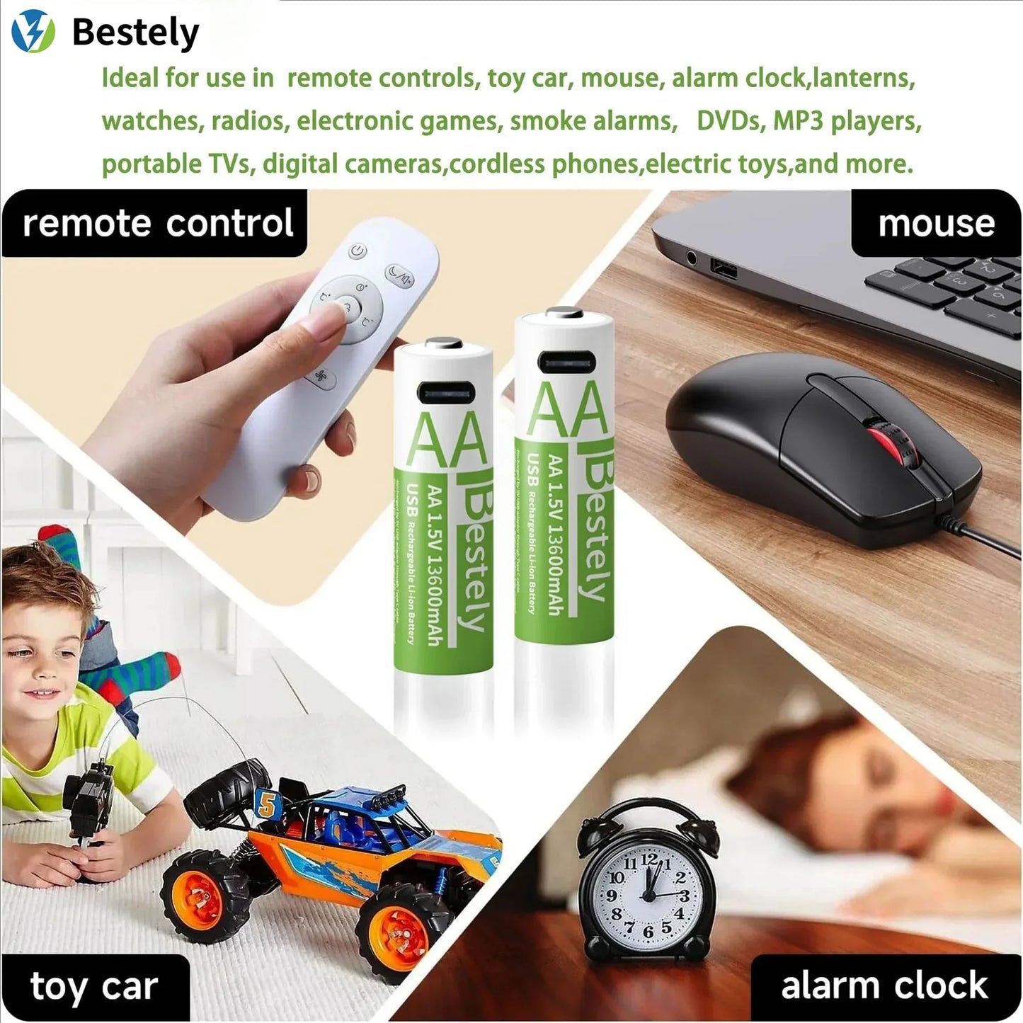 1.5V AA 13600mAh + AAA 6800mAh Rechargeable Lithium Battery Set with USB-C Fast Charging Type C Cable Peaceful Pleasures Health and Wellness