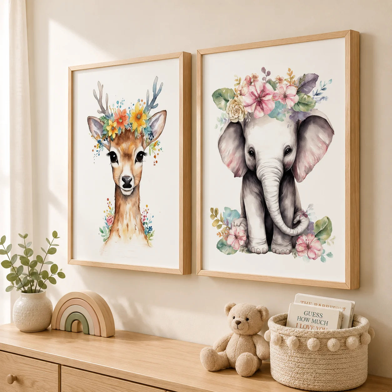 Nursery Plant Flower Wall Art, Bear Deer Elephant Canvas Painting, Minimalist Animal Poster Print for Baby Kids Bedroom Decor Peaceful Pleasures Health and Wellness
