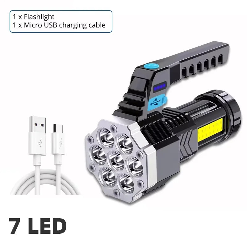 7 LED Rechargeable Camping Flashlight | COB Side Light & Solar