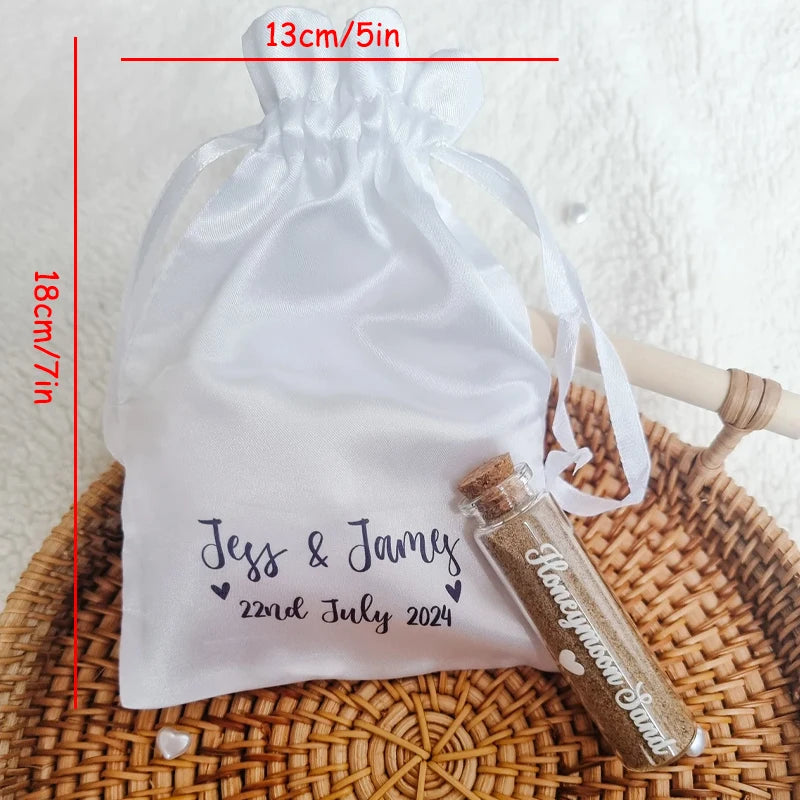 5-Pack Personalised White Satin Drawstring Bags | Wedding Favors