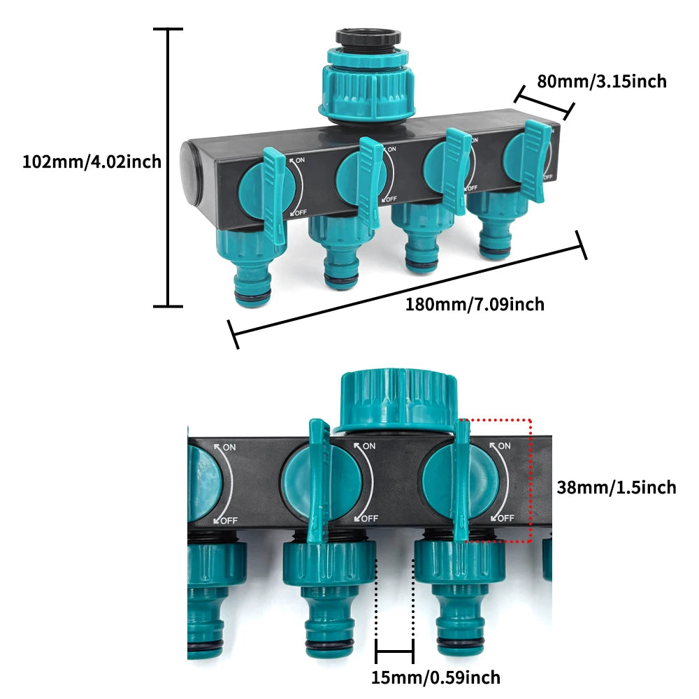 4-Way Water Splitters 1" to 3/4" to 1/2" Thread European Standard Thread Garden Irrigation Watering Connector Fittings Valve Peaceful Pleasures Health and Wellness