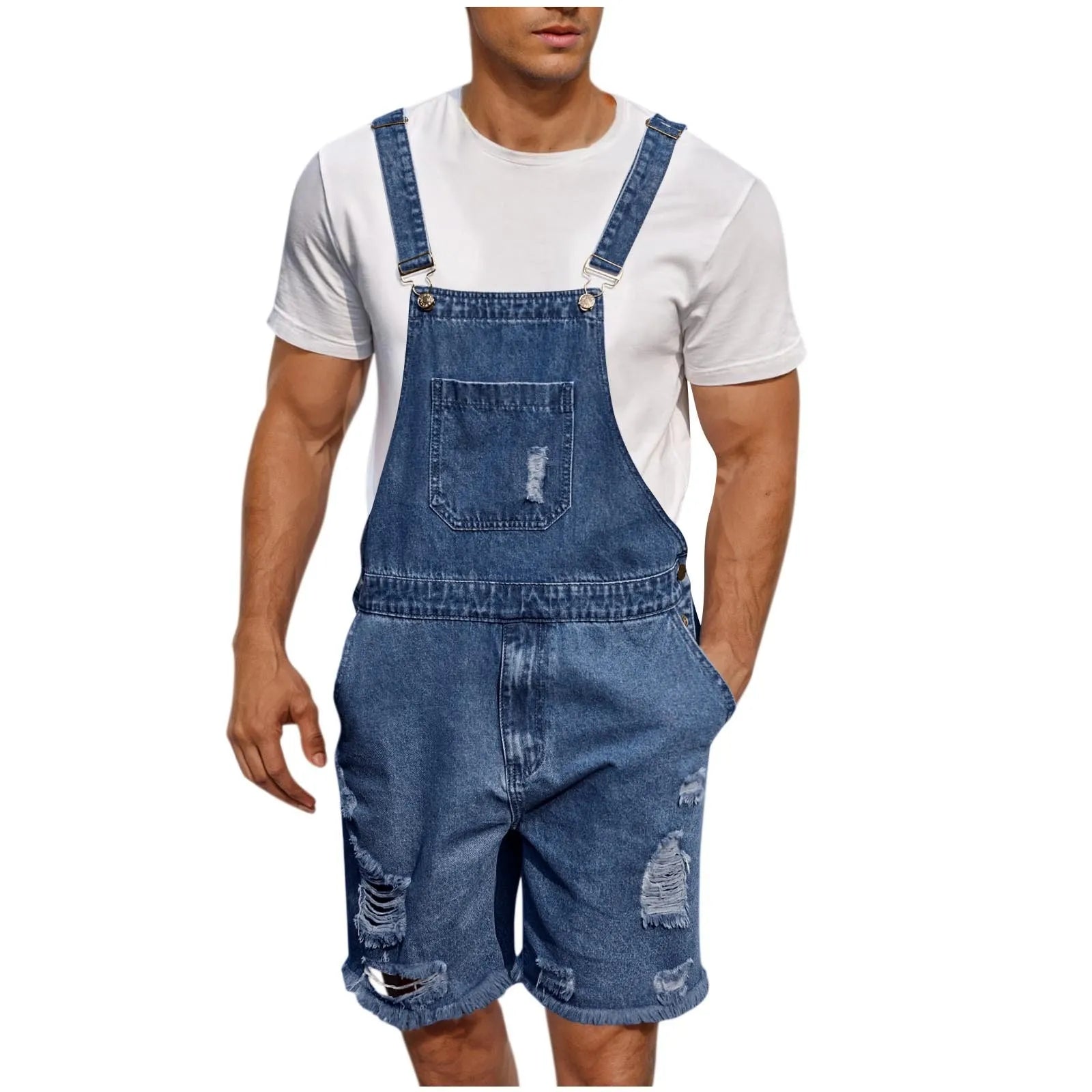 Summer Men's Vintage Jeans Overalls Elastic Denim Jumpsuit With Pockets Men Casual Button Suspenders Short Pants Peaceful Pleasures Health and Wellness