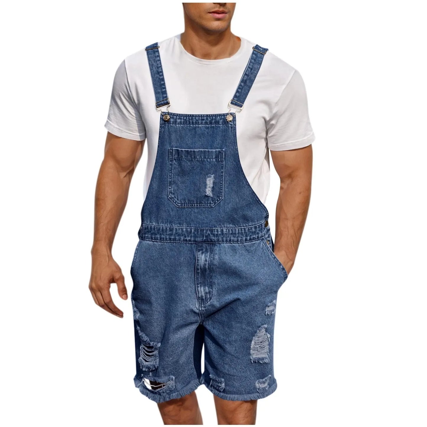 Men's Vintage Denim Bib Overalls – Elastic Suspender Short Jumpsuit