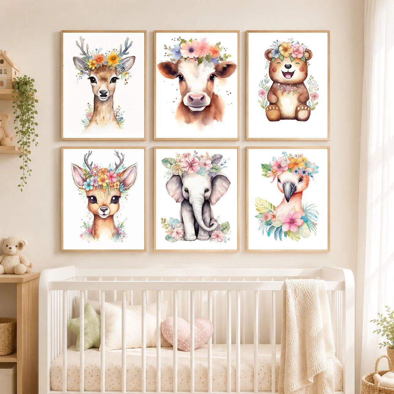 Nursery Plant Flower Wall Art, Bear Deer Elephant Canvas Painting, Minimalist Animal Poster Print for Baby Kids Bedroom Decor Peaceful Pleasures Health and Wellness