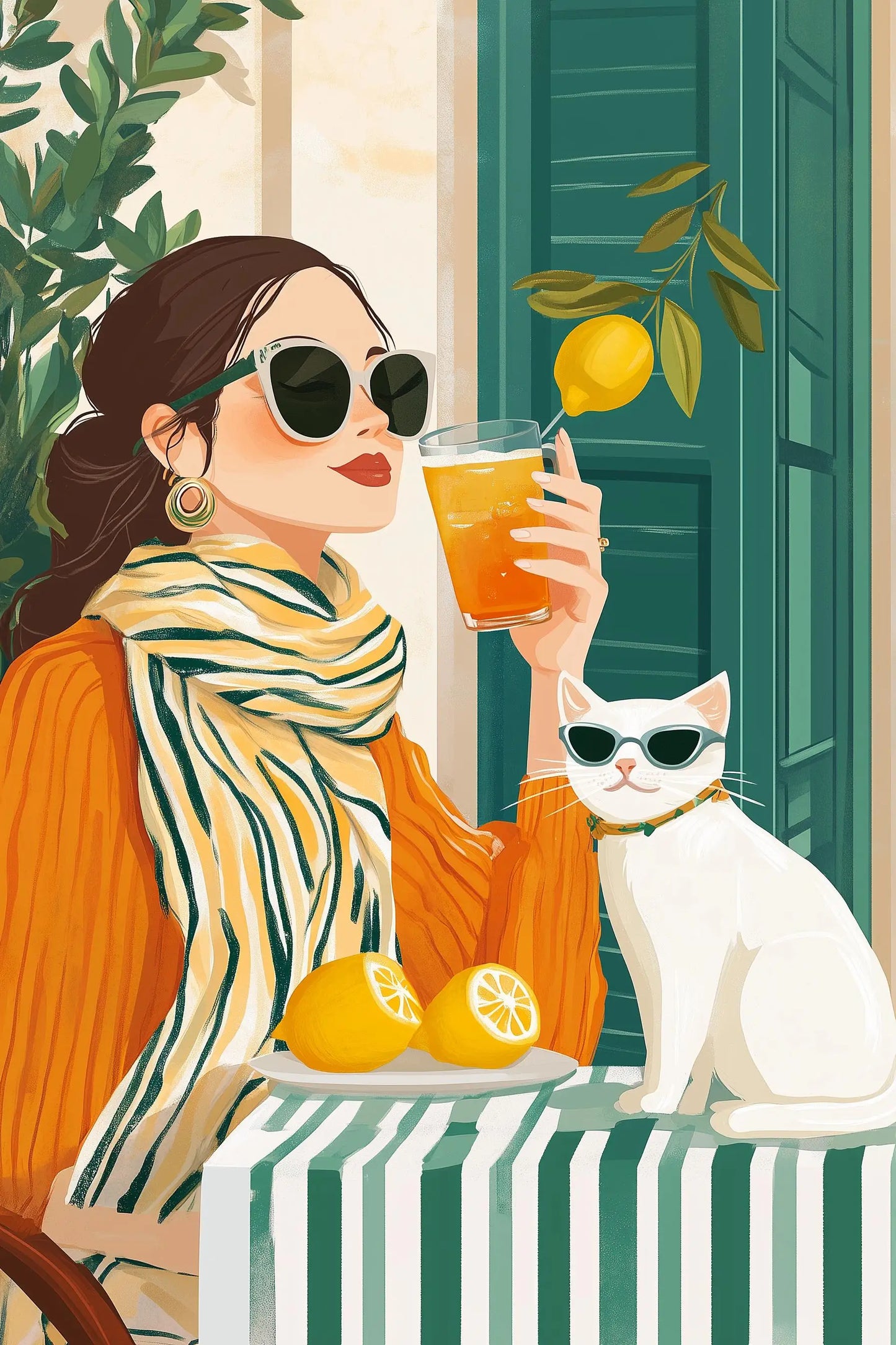 Italian Summer Woman Aperol & Lemon Tree Watercolor Canvas Art